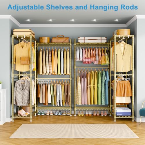 Ulif E4L Corner Clothes Rack, L Shaped Garment Rack, Heavy-Duty Freestanding Closet System with Shelves and Hangers, Max Load 962lbs, 42.7" W x 42.7" D x 79.3" H, Gold - color: Gold