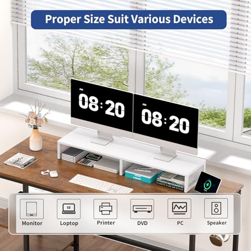 Dual Computer Monitor Stand Riser, Desk Organizers and Accessories, Printer & TV Stand, Desk Shelf, Office Desk Accessories & Desktop Workspace Organizer for Office Supplies, White - color: White