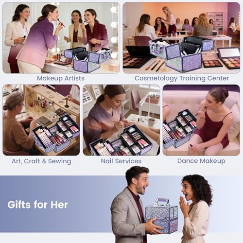 FRENESSA Makeup Case Organizer Makeup Box Cosmetic Train Case Portable Make Up Artist Travel Case Storage Box 4 Trays with Dividers Lockable Hard Train Case Nail Tech Supply Storage Shiny Purple - color: Shiny Purple