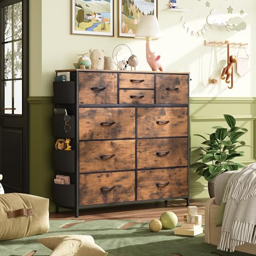 WLIVE Fabric Dresser for Bedroom with 10 Drawers, Chest of Drawers with Side Pockets and Hooks, Sturdy Metal Frame, Drawers Organizer Unit for Living Room, Hallway, Rustic Brown Wood Grain Print - color: Rustic Brown Wood Grain Print