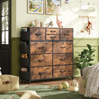 WLIVE Fabric Dresser for Bedroom with 10 Drawers, Chest of Drawers with Side Pockets and Hooks, Sturdy Metal Frame, Drawers Organizer Unit for Living Room, Hallway, Rustic Brown Wood Grain Print - color: Rustic Brown Wood Grain Print