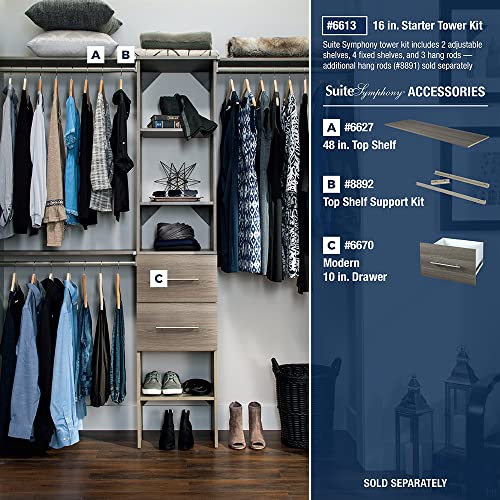 ClosetMaid SuiteSymphony Wood Closet Organizer Starter Kit with Tower and 3 Hang Rods, Shelves, Adjustable, Fits Spaces 4 – 9 ft. Wide, Graphite Grey - color: Graphite Grey, style: Starter Tower Kit