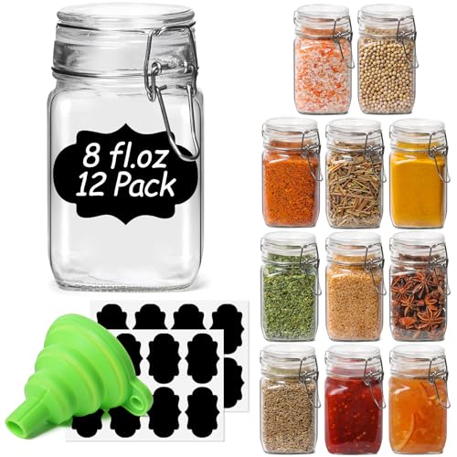 ComSaf Set of 12 Square Glass Jars with Airtight Lids (8 Oz), Pantry Canisters for Spices, Jams, & Herbs, Wire Clamp Jar for Overnight Oats, Pickling, Favors, Includes Labels & Funnel - size: 8oz*12