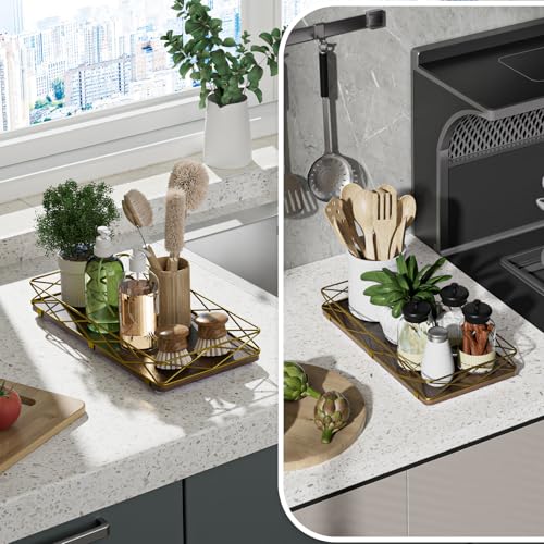 Lixple Toilet Paper Basket Holder, 13" Toilet Tank Tray, Wood and Metal Toilet Tray Vanity Organizer Bathroom Tray, Kitchen Sink Organizer for Soap Dispenser (Brown+Gold) - color: Brown+gold