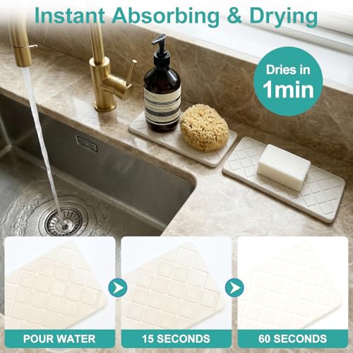 Small Fast Quick Dry Bathroom Counter Tray Water Absorbing Stone Trays for Sink Soap Dish Dispenser Sponge Holder Diatomite Stone Drying Mat for Kitchen Sink Tray White Bathroom Vanity Organizer Decor - color: White Quilted