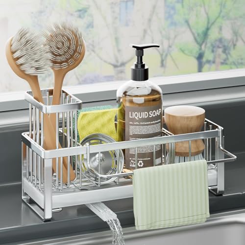 HapiRm Sponge Holder for Kitchen Sink - Self-draining Sink Caddy with Brush Holder and Dishcloth Holder, Stainless Steel Kitchen Organizer - Silver - color: Silver, size: with Dishcloth Holder