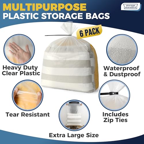 Storage Standard Large Clear Plastic Bags for Storage 6-Pack - Waterproof Extra Large Plastic Bags with Zip Ties, Heavy-Duty Cover for Clothes, Blankets, Linens & Bedding Organization - 32 x 42 Inches - size: 32'' x 42’’