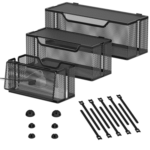 Marbrasse 3 Pack Cable Management Box, Metal Mesh Cord Organizer Box for TV Wires, Electrical Hiding, Power Strip – Under Desk Cable Storage Box with Cable Clips&Reusable Cable Ties for Home/Office - color: Black