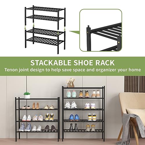 ROMGUAR CRAFT 4 Tier Bamboo Shoe Rack for Closet Free Standing Wood Shoe Shelf for Entryway Small Space Stackable 27"x11"x26" (Black) - color: Black, size: 4 tier