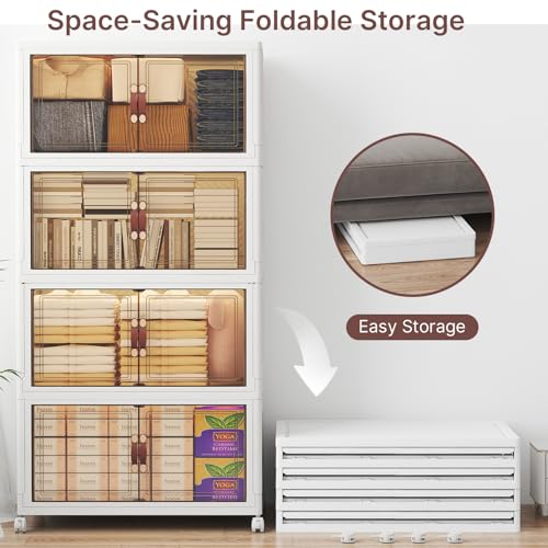 UAMFURI Stackable Storage Bins with Lids, 480QT Closet Organizers, Lockable Storage Cabinet，Foldable Storage Box with Doors and Wheels, Plastic Drawers for Home, Garage, Office (4, White, Large) - color: White, size: Large