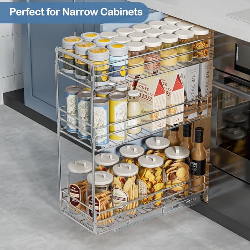 ROOMTEC Pull Out Spice Rack for Narrow Cabinet (8½" W X 20½" D),3 Tier Slide Out Cabinet Organizer and Pull Out Shelves Under Cabinet Storage for Kitchen, Chrome - size: 8½" W X 20½" D,3 Tier