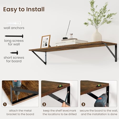 Fun Memories Deep Floating Shelves for Wall, 36W x 8D Wall Mounted Shelves Set of 2, Wide Display Ledge Shelf with Sturdy Metal Brackets for Living Room, Bathroom, Bedroom and Kitchen, Rustic Brown - color: A-rustic Brown, size: 36"W x 8"D