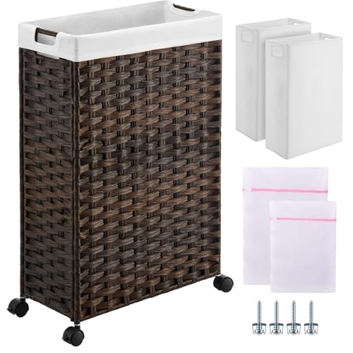 Greenstell Laundry Hamper with Wheels, 11.9 Gallon (45L) Small Clothes Hamper with 2 Removable Liner Bags & 2 Mesh Bags, Slim Rattan Laundry Basket for Bathroom, Bedroom, Brown - color: Brown, size: 45L (15.8 x 7.9 x 23.6 inches)