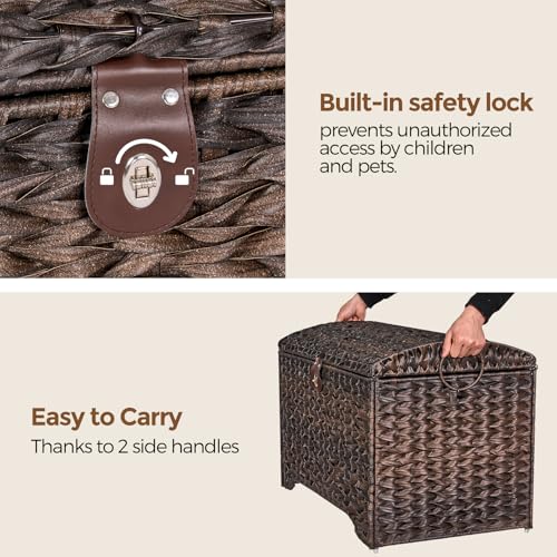 Honjourai Handwoven Storage Basket with Lid, 178L Plastic Rattan Storage Bin, Leather Buckle & Metal Frame, Large Metal Ring Handles, Storage Trunk for Bedroom, Laundry Room - color: Brown PE Rattan, size: 178L-Arched Lid