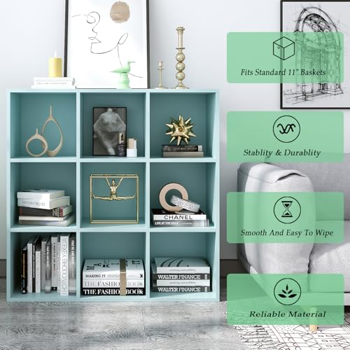 OSCHF 9-Cube Storage Shelf Bookcase - Wooden 3-Tier Floor Standing Open Bookshelf for Home and Office, Display Cabinet, Light Blue - color: Light Blue, size: 9-Cube