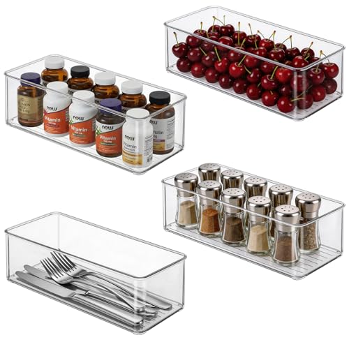 Hudgan 4 Packs Refrigerator Organizers and Storage, 4 Small Stackable Clear Plastic Bins for Pantry Organizer, Home Edit, Kitchen Cabinet, Fridge, Bathroom, Office, Drawer - size: 4S