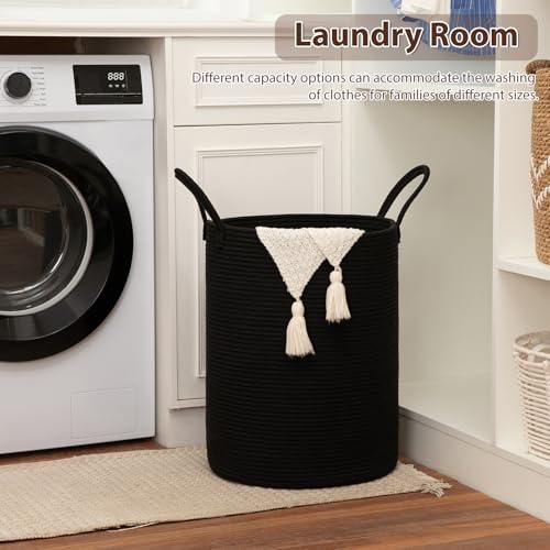OIAHOMY Large Laundry Basket Hamper - 100L Cotton Rope Woven Basket for Blankets, Toys, Clothes - Tall Decorative Nursery Hamper with Long Handles, Black - color: Black, size: 100L