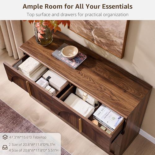 ACCOHOHO Arched Dresser for Bedroom with 6 Drawers, 47.3" Wide Modern Chest of Drawers with Rounded Edge & Metal Handles, Wood Storage Closet Dressers TV Stand for Living Room, Hallway, Brown - color: Brown, size: 15.6"D x 47.3"W x 32"H (6 Drawers)