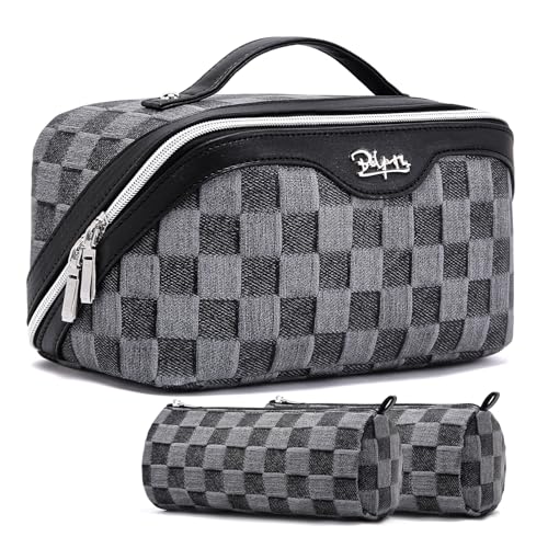 BOYATU Travel Makeup Bag for Women: Large Cosmetic Bag Set of 3 - PU Leather Make up Bag with Compartments - Compact Waterproof Toiletry Bag with Divider & Handle (D-2-Black) - color: D-2-Black