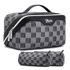 BOYATU Travel Makeup Bag for Women: Large Cosmetic Bag Set of 3 - PU Leather Make up Bag with Compartments - Compact Waterproof Toiletry Bag with Divider & Handle (D-2-Black) - color: D-2-Black