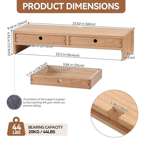 KIRIGEN Wood Monitor Stand with 2 Drawers, Solid Wood Computer Monitor Riser for Desk, Desktop Organizer Shelf with Cable Management, Pen Slots, Natural, No Assembly PMJ-NA - color: Natural
