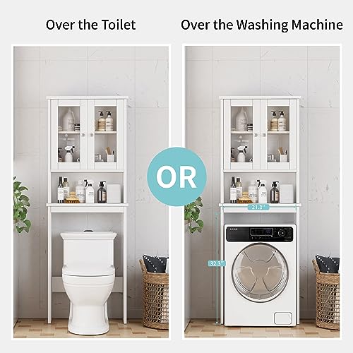 Shintenchi Over the Toilet Storage Cabinet, Bathroom Shelf Organizer with Anti-Tip Device Small Freestanding Space Saver with Adjustable Shelf and Glass Door, White - color: White, size: Glass Door