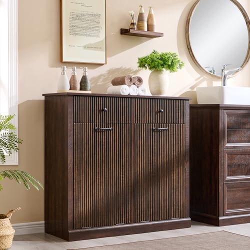 IFBUY Modern Double Tilt-Out Laundry Hamper Cabinet, 20 Gallon Fluted Trash Can Cabinet w/2 Drawers, Wooden Hidden Garbage Can Cabinets w/Laundry Basket, Free Standing for Bathroom and Kitchen, Brown - color: Brown, size: 13"D x 39.3"W x 35.8"H (Full)