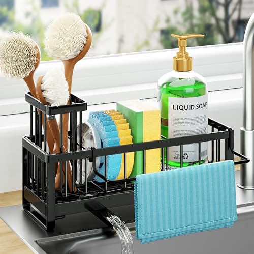 HapiRm Sponge Holder for Kitchen Sink - Self-draining Sink Caddy with Brush and Dishcloth Holders, Stainless Steel Kitchen Countertop Organizers and Storage Essentials - Black - color: Black, size: with Dishcloth Holder