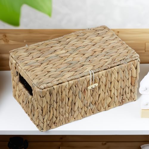 Water Hyacinth Baskets for Organizing, Rectangular Wicker Basket with Lid, Storage Baskets Bins with Built-in Handles for Shelf, Decorative Woven Basket Boxes for Storage Home Organizer Decor - size: 12.2" x 7.8" x 6"