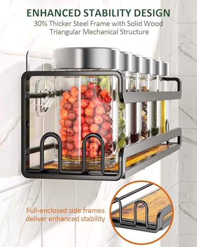 Doakhirmit 4 Pack Wall Mount Spice Rack with 16 Hooks,Hanging Spice Rack Organizer for Stove Cabinet Pantry Door, Screw or Adhesive Wooden Spice Shelf for Kitchen and RV Camper, Black - size: 4 Pack