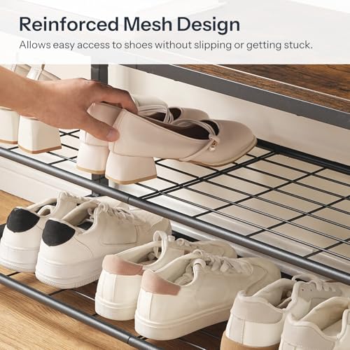 HOOBRO Shoe Rack Bench for Entryway, 3-Tier Industrial Shoe Storage Organizer with Wood Top and Side Handles, 29.5" Freestanding Storage Bench for Small Spaces, 220 lb Capacity, Rustic Brown BF32HX01