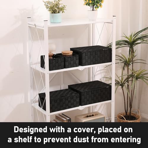 Storage Bins Woven Organizer with Lids Set of 5 – Polypropylene Storage Baskets with Metal Frame, Stackable Fabric Boxes for Drawers, Closet, Shelf, Nursery and Office, Black - color: Black, size: 5PCS-with lid