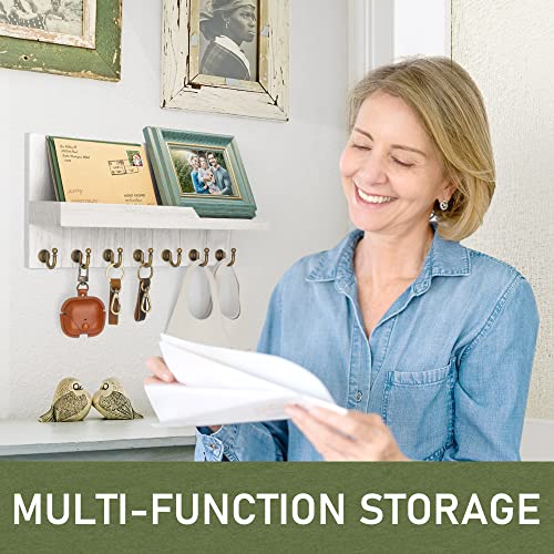 Rebee Vision Decorative Key and Mail Holder for Wall - Farmhouse 15 Inches Floating Shelf with 7 Sturdy Key Hooks for Home Entryway Wall Decor - Rustic Key Racks (White,15-inch) - color: White, size: 15-inch