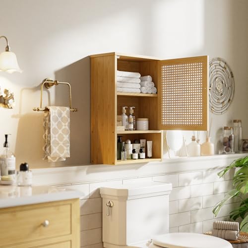 Bathroom Wall Cabinet, Bamboo Over-The-Toilet Storage Organizer with Rattan Doors and Adjustable Shelf, Space Saver Medicine Cabinet for Laundry, Kitchen, Living Room (Natural) - color: Natural