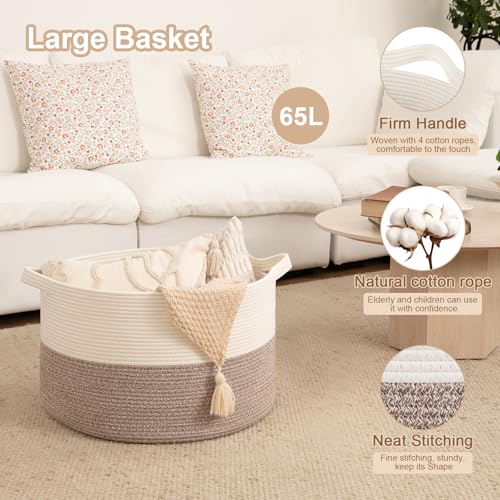 OIAHOMY Large Blanket Basket for Living Room, 19.7" x 12.6" Woven Cotton Rope Laundry Basket for Organizing Pillows, Decorative Stuffed Animal Toy Storage Bin for Nursery, White and Linen Brown - color: White and Linen Brown, size: 19.7"D x 12.6"H