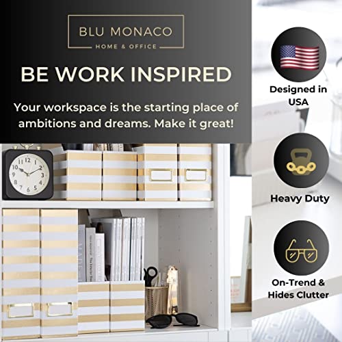 BLU MONACO | Cardboard Magazine File Holder Set of 4 Gold White Stripes | Vertical Magazine File Holder with Label Slots | Standing File Holder and Cardboard Bins for Shelves Desk Classroom - color: White Gold Stripes