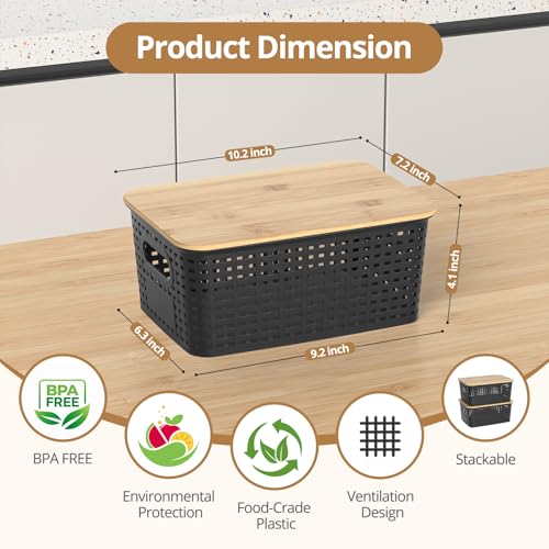 Plastic Storage Baskets with Bamboo Lids, Stackable Small Box Bins for Organizing and Containers for Shelves Drawers Desktop Closet Pantry Classroom Office Home, 6 Pack 10.2x7.2x4.1 Inch, Black - color: Black