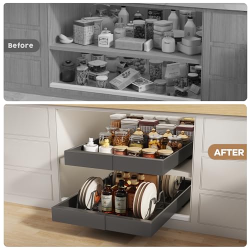 Seinloes 4 Pack Pull Out Cabinet Organizer 21" Deep with Raising Pad for Framed Cabinets, Expandable (9"-14" W) Slide Out Drawers for Kitchen Cabinets with 4pcs Divider Racks, Roll Out Shelves, Black - color: Black, size: 9"-14"W x 21"D(4Pack)