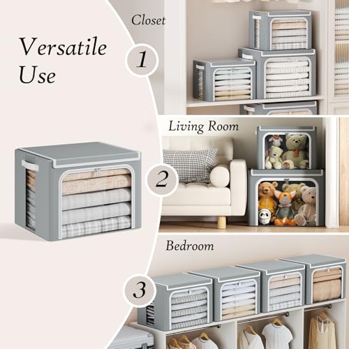 Yecaye Large Clothes Storage Bins with Metal Frame, Foldable Clothing Storage Bin with Lid, Stackable Oxford Fabric Organizer Box With Clear Window & Zippers & PU Leather Handles (3 Pack, Grey, 66L) - color: Grey, size: 66L Large(3 Pack)