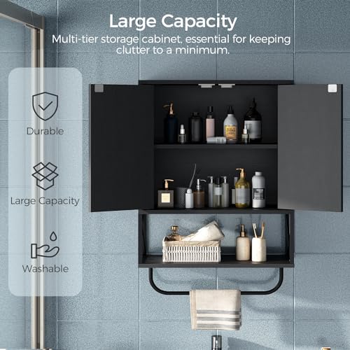 MAHANCRIS Bathroom Wall Cabinet with 2 Door and Adjustable Shelf, Farmhouse Medicine Cabinet with Towel Rack, 3-Tier Wall Mounted Storage Cabinet Over The Toilet for Bathroom, 18.9" L, Black - color: Black, size: 18.9"L x 7.9"W x 26.1"H