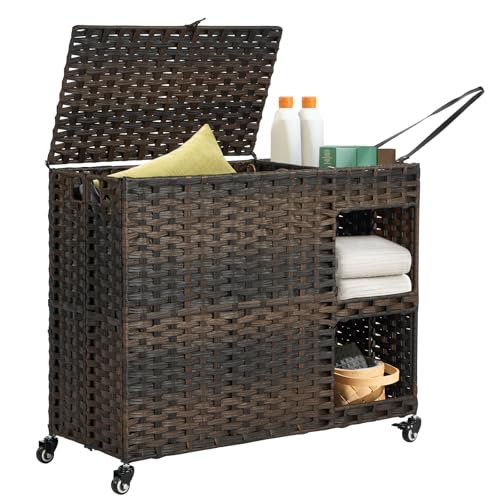 Laundry Hamper with Wheels, 42.3 Gal.(160 L) Laundry Sorter with Shelves, Rattan Clothes Hamper with 4 Removable Liners & 3 Mesh Bags, Handwoven Organizer for bedroom, bathroom, laundry room, Brown - color: Brown