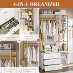 BOTLOG 2pcs Closet Organizer System, Wardrobe Closet with 3 Wooden Drawers, Clothes Rack with Hanging Rods and 4 Tiers Shelves, Garment Rack with Metal Frame, White and Gold
