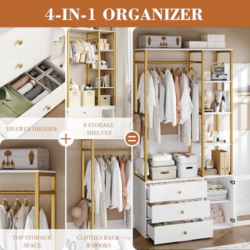 BOTLOG 2pcs Closet Organizer System, Wardrobe Closet with 3 Wooden Drawers, Clothes Rack with Hanging Rods and 4 Tiers Shelves, Garment Rack with Metal Frame, White and Gold