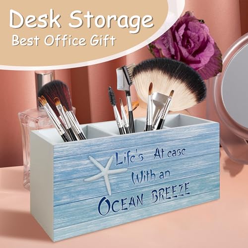 Coastal Beach Pen Pencil Holder for School Home Office Desk, Beach Decor Wooden Pencil Holder Sign Organizer for Home Office Desk Accessories, Coastal Gifts for Women Men - color: light blue
