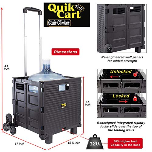 dbest products Quik Cart Elite Stair Climber Wheeled Rolling Crate Teacher Utility With seat Heavy Duty Collapsible Basket With Handle, Black - color: Black, style: Elite Stair Climber