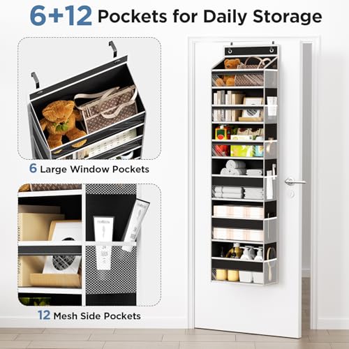 Mefirt Over The Door Organizer, 6 Shelf Door Hanging Organizers with 6 Large Capacity Pockets, Behind Door Storage Hanging Shelves for Closet Wall Bathroom Bedroom Nursery - color: Black, size: 6-Tier