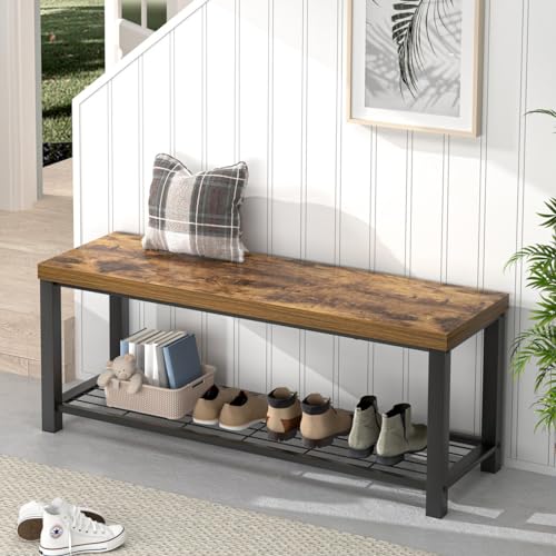 EXCEFUR Entryway Bench, Modern Wood and Metal Storage Bench for Hallway Front Door Entrance, Industrial Indoor Shoe Rack Bench Seat for Living Room Bedroom, 43.3 Inch Rustic Brown - color: Rustic Brown, size: 2-Tier
