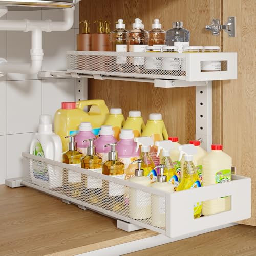 1 Pack 20.47IN Depth Under Sink Storage Organizer, Large 2-Tier Elegant Mesh Pull Out Shelf for Kitchen and Bathroom Cabinet Organization, L-Shaped and Adjustable Height Design-White - color: White, size: 1 Pack-20.47"Dx11.4"-16.14"H