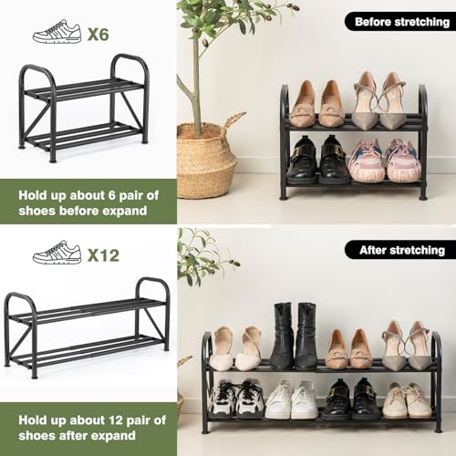 2-Tier Shoe Rack for Closet, 16"-32" Expandable ShoeRack, Adjustable for Entryway Closet Doorway SturdyMetal, Black - color: 2 Layers and 6 Tubes
