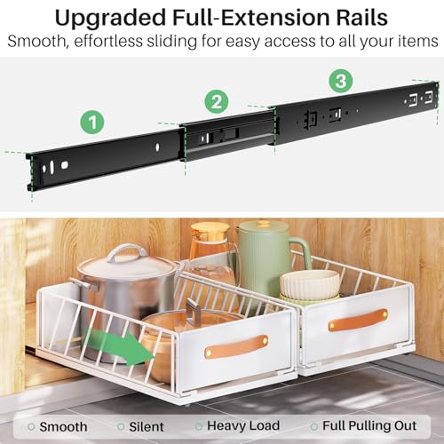 Pull out Cabinet Organizer,Heavy Duty Slide out Pantry Shelves Drawer Storage with Adhesive Nano Film,Sliding Mesh Cabinet Basket with Handle for Kitchen, Bathroom, Home, 9.8"W X 15.7"D X 6.2"H,White - color: White, size: 9.8"Wide-15.7"Deep (1Pack)